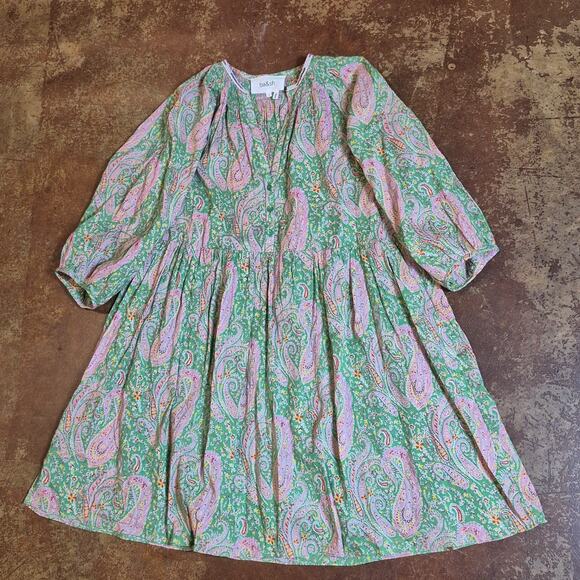 Ba&sh Lady Dress Small Green Pink Paisley V-Neck A Line 3/4 Sleeve Tiered Odeon - Picture 2 of 11